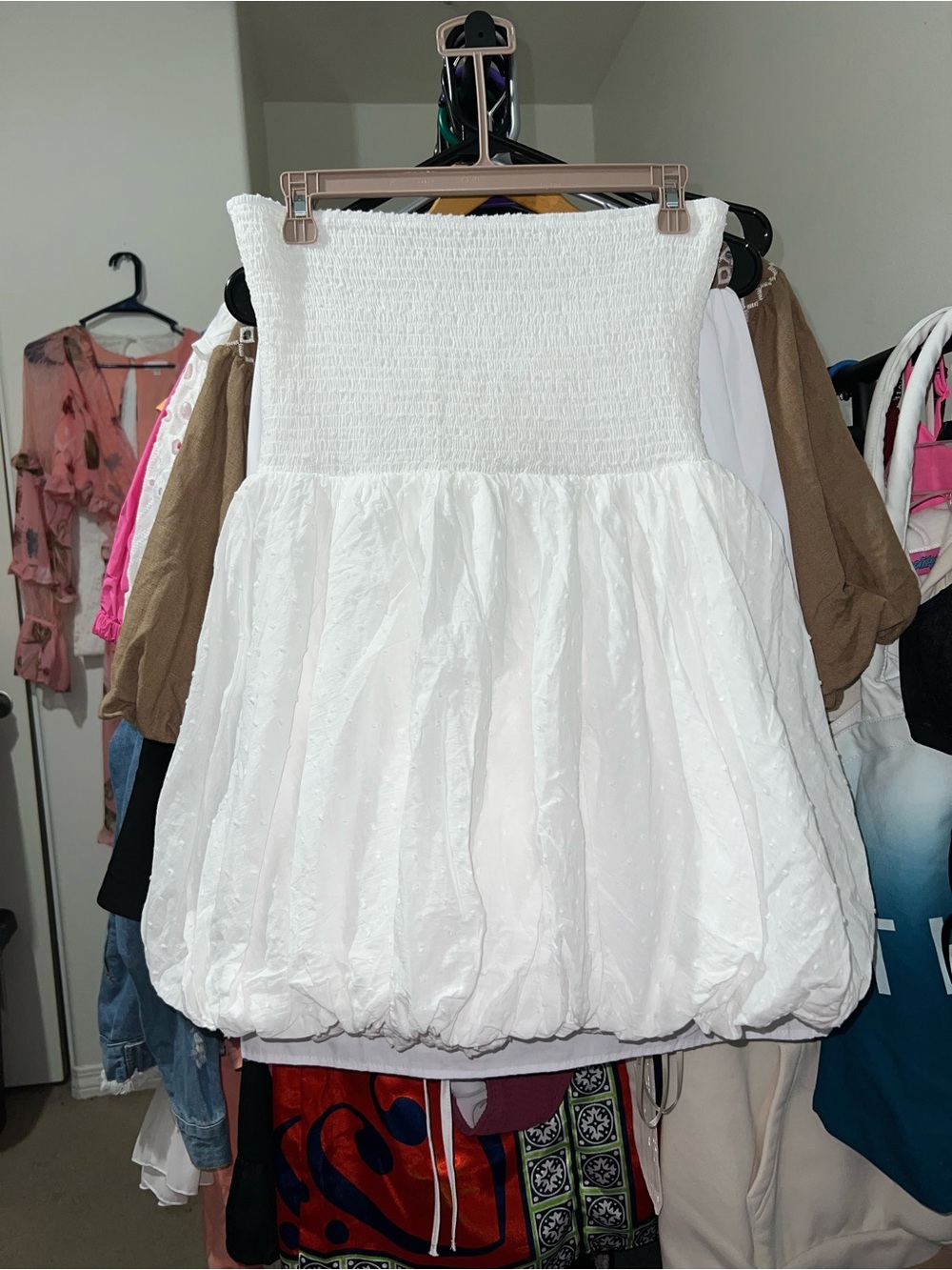 Tsher White  Smocked Bubble Hem Mini Dress